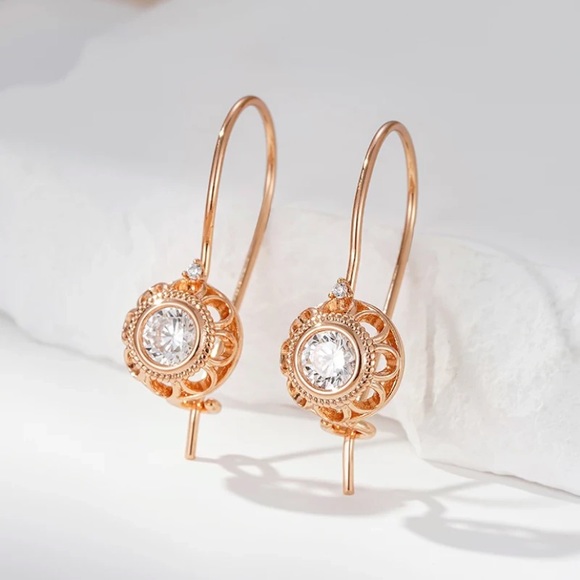 14k Gold & White Topaz Handcrafted Earrings 1” - Picture 5 of 6